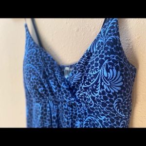 Blue floral Summer dress with spaghetti straps and swingy skirt